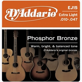 D'addario EJ15 Phosphor Bronze Acoustic Guitar String Set Extra Lilght .010-.047
