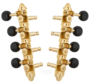 Grover 409FGB F-Style Mandolin Tuning Machines 4 x 4 Tuners Set - Gold with Black Buttons